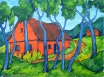 Hans Bayerlein - J859 - Orangenes Haus hinter Bäumen